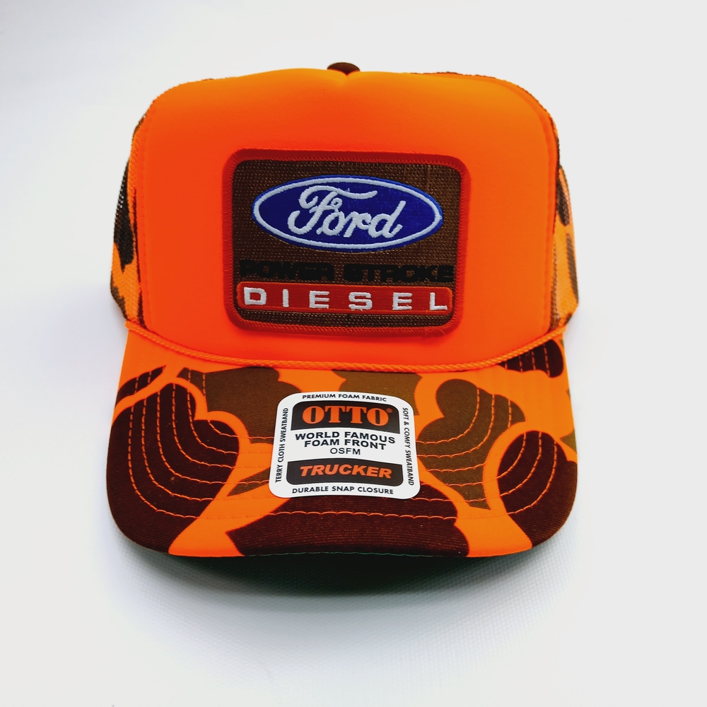 Ford Diesel Patch Orange and Brown Camo Foam Trucker Mesh Snapback Hat Cap